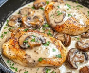Creamy garlic mushroom chicken served on a rustic plate with herbs