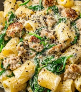 Creamy ground turkey pasta served in a bowl with fresh herbs