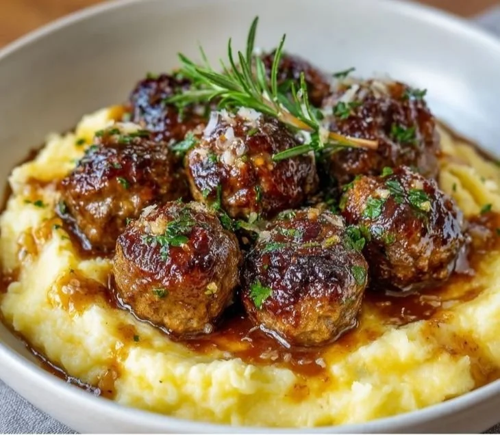 Creamy mushroom chicken meatballs served on a plate with herbs