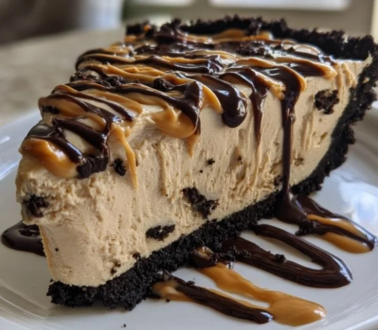 Creamy no-bake peanut butter pie served on a dessert plate