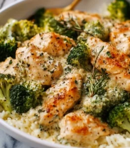 Creamy Parmesan Chicken served with Broccoli Rice in a tasty casserole dish.