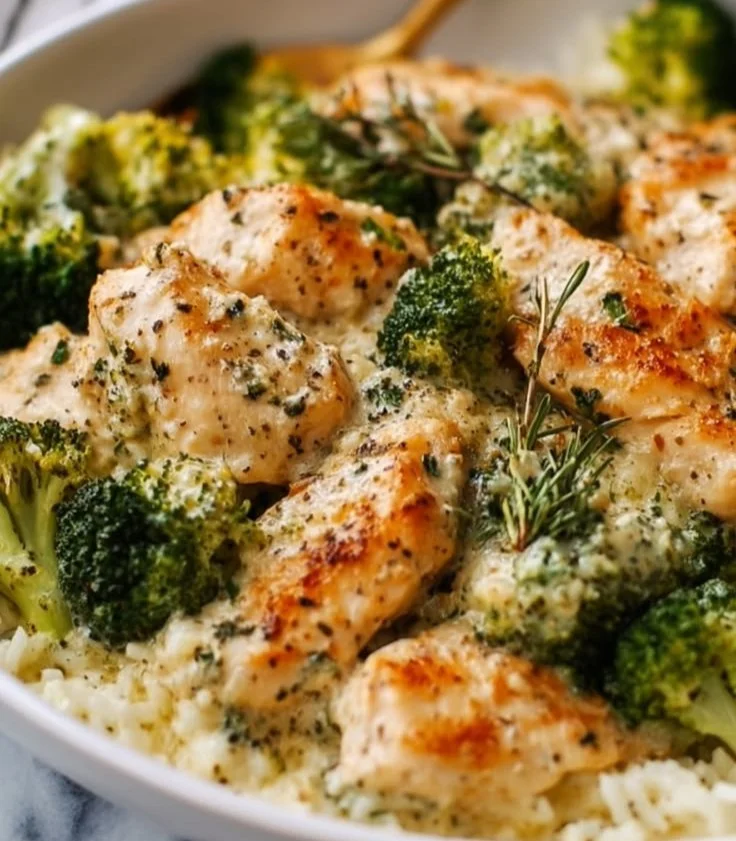Creamy Parmesan Chicken served with Broccoli Rice in a tasty casserole dish.
