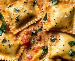 Creamy ravioli sauce poured over delicious ravioli pasta