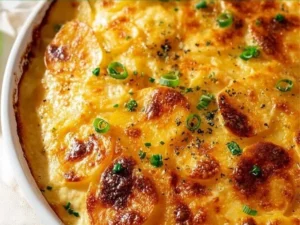 Baked creamy scalloped potatoes topped with cheese and herbs