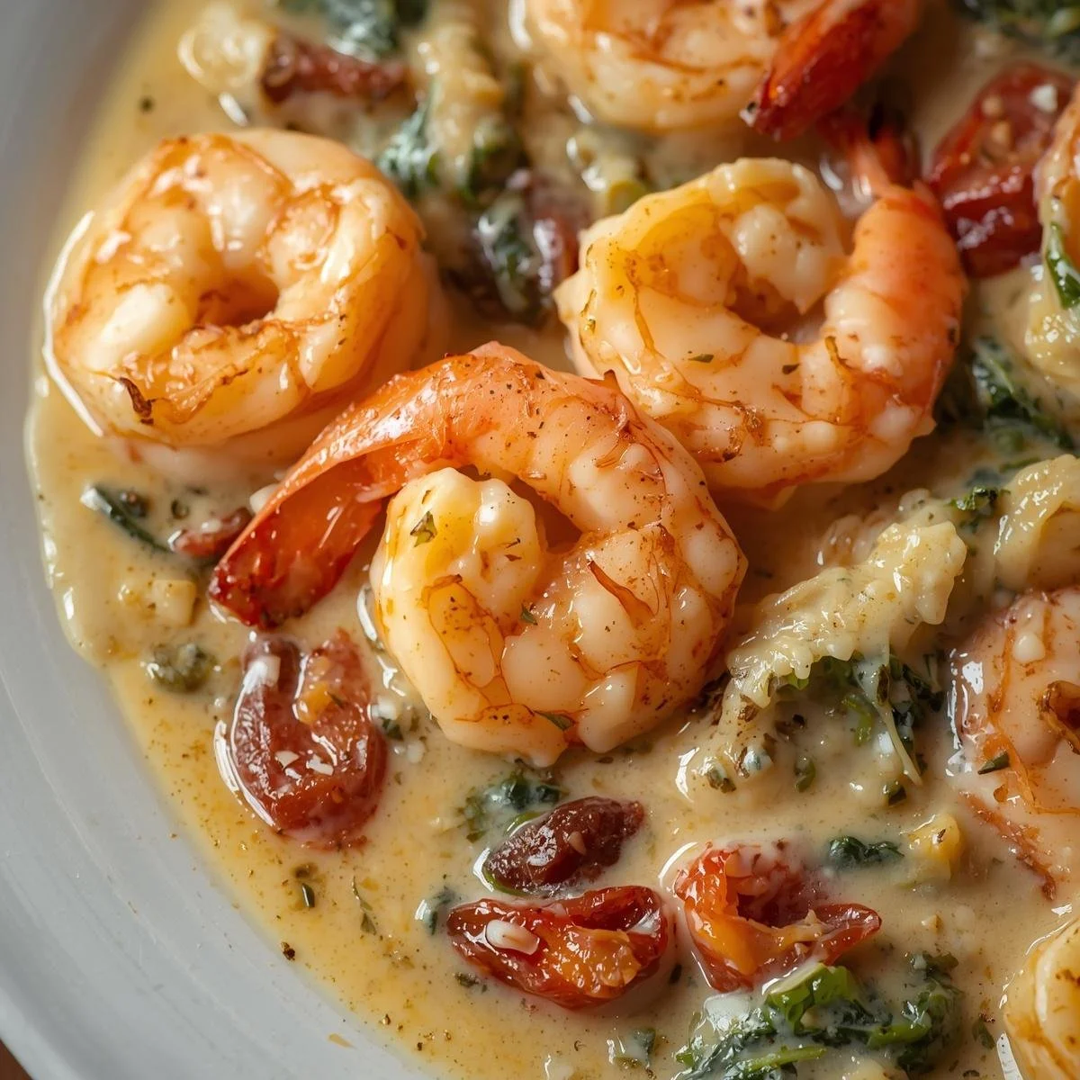 A delicious plate of creamy Tuscan shrimp garnished with herbs and served over pasta