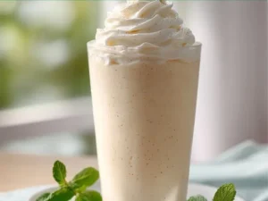 Creamy vanilla milkshake in a tall glass topped with whipped cream
