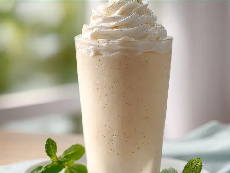 Creamy vanilla milkshake in a tall glass topped with whipped cream