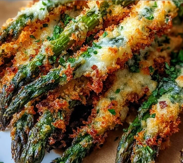 Crispy asparagus asiago spears served on a plate with dipping sauce