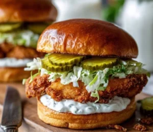 Crispy dill chicken sandwich served with homemade aioli on a plate