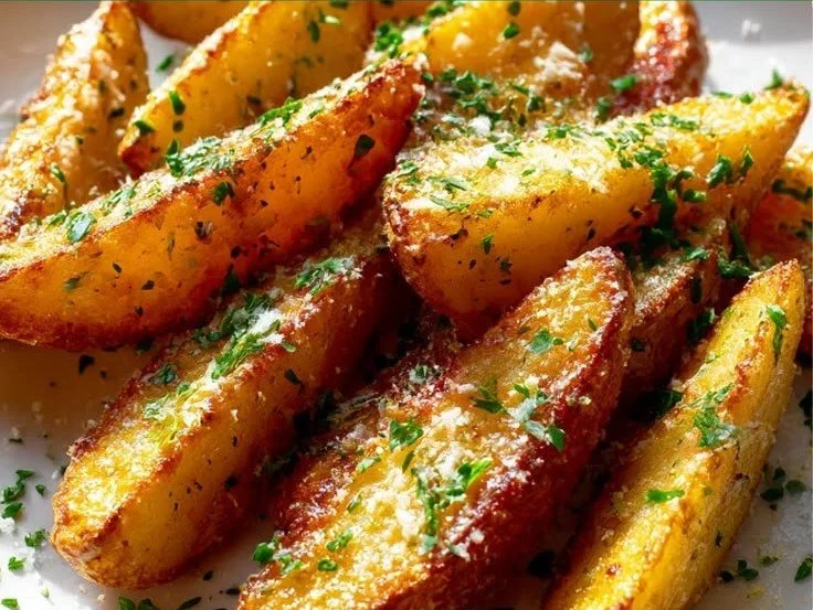 Crispy garlic parmesan oven baked potato wedges topped with herbs and cheese.