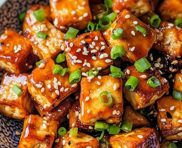 Plate of crispy honey garlic tofu garnished with green onions