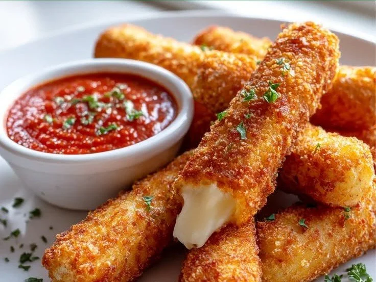 Delicious crispy mozzarella sticks served with marinara sauce