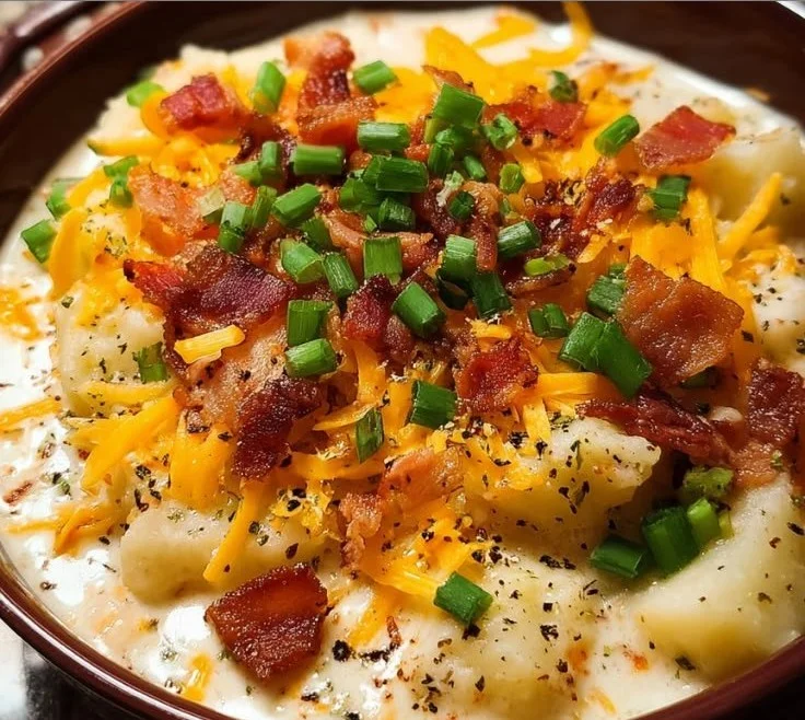 Creamy crock pot crack potato soup served in a bowl with toppings