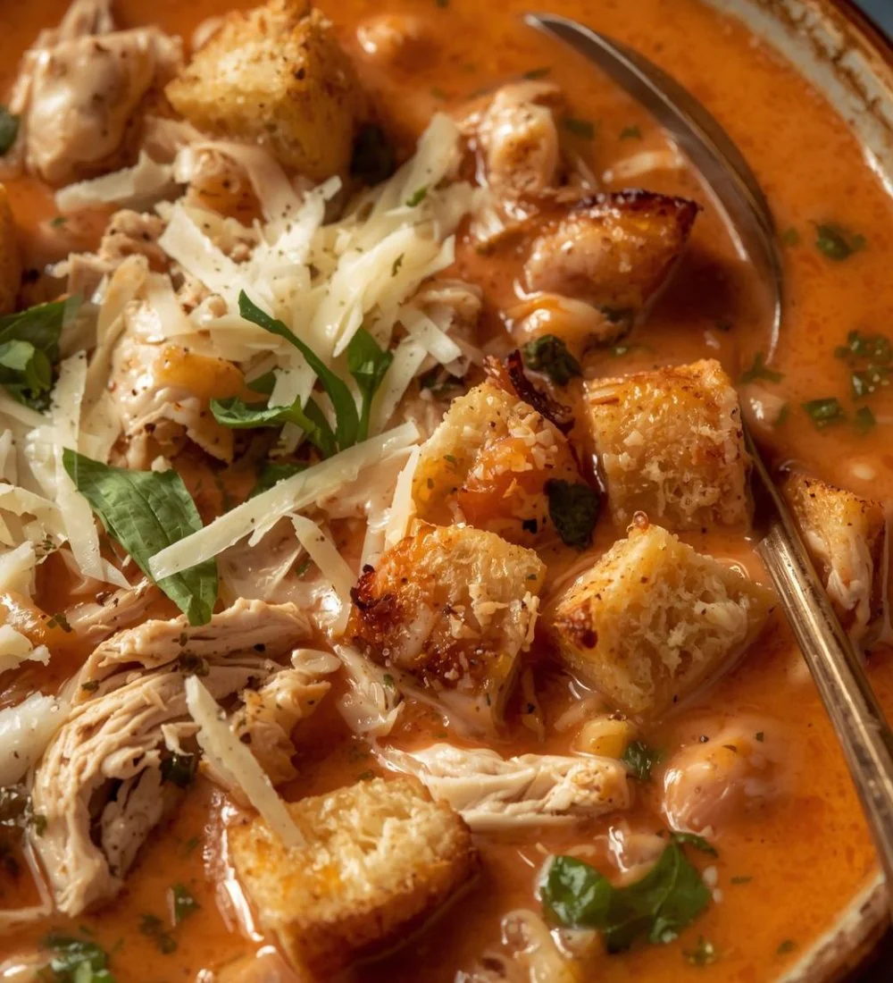 Crock Pot Creamy Chicken Parmesan Soup in a bowl with parsley garnish