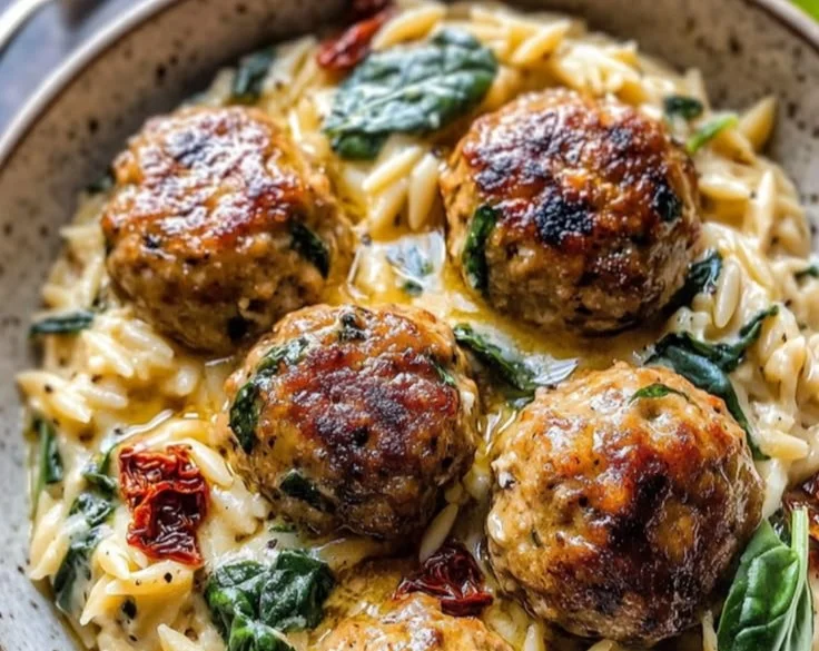 Crockpot garlic butter chicken meatballs served with creamy orzo