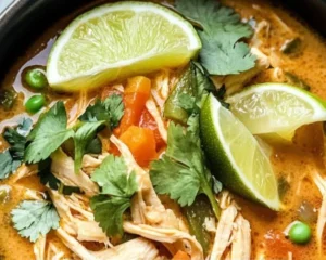 Delicious bowl of Crockpot Thai Coconut Chicken Soup garnished with herbs.