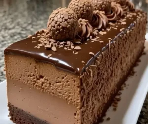 Decadent Dark Chocolate Truffle Mousse Cake topped with chocolate shavings.