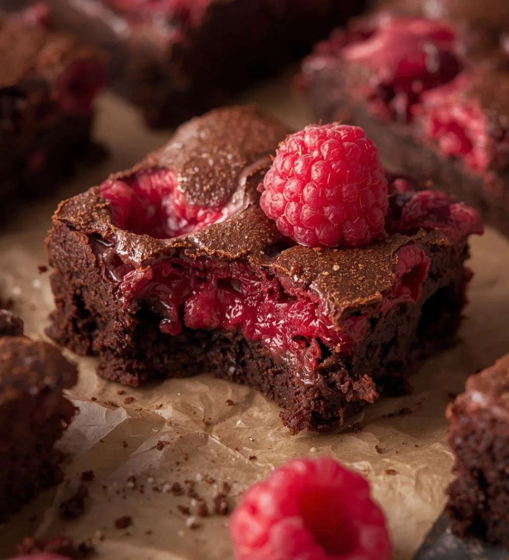 Delicious raspberry brownies topped with fresh raspberries and chocolate drizzle