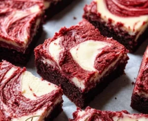 Decadent red velvet cheesecake brownies topped with cream cheese swirls.
