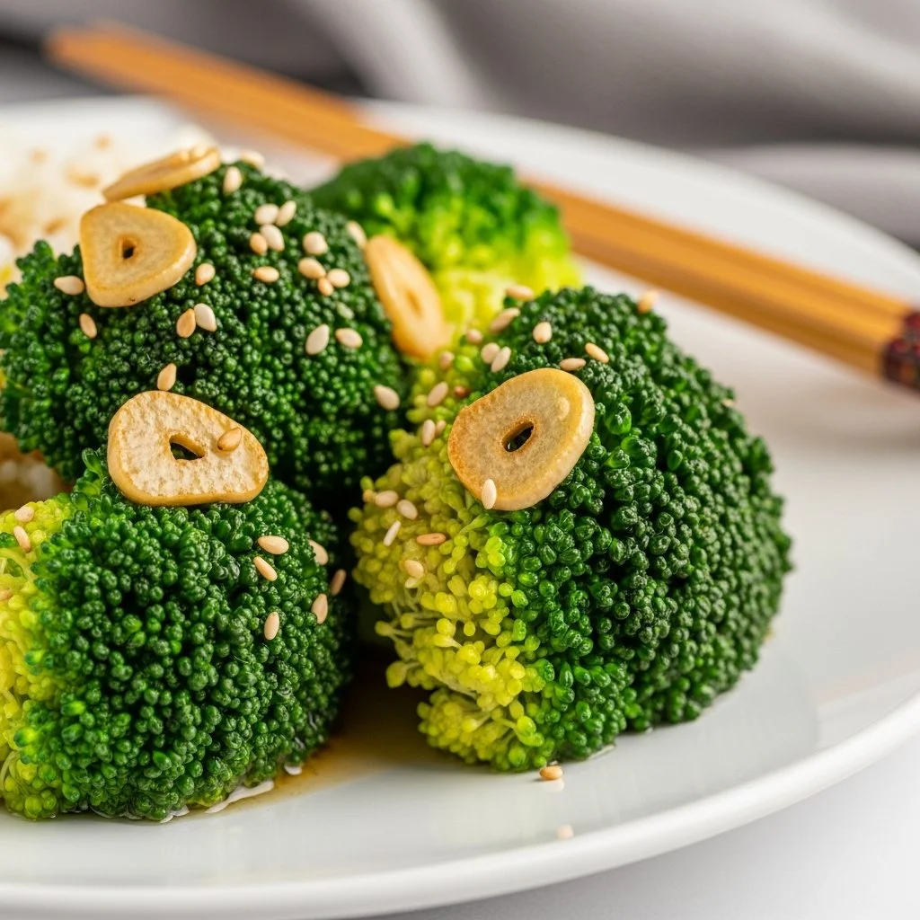 Plate of delicious broccoli coated in garlic sauce, garnished for flavor.