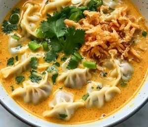 Bowl of delicious curry dumpling soup garnished with fresh herbs