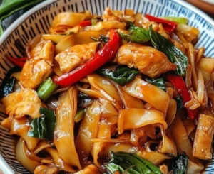 Plate of spicy drunken noodles garnished with basil and vegetables