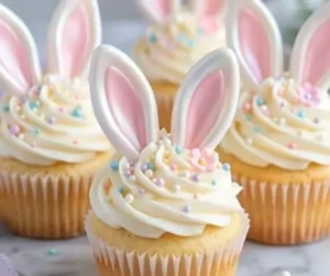 Easter Bunny Cupcakes decorated with cute bunny faces and colorful candies.