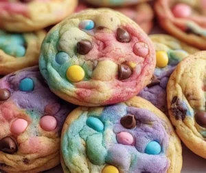 A plate of Easter chocolate chip cookies decorated with festive colors.
