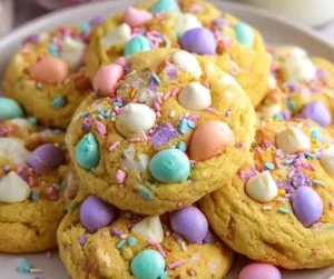 A variety of decorated Easter cookies featuring bunnies, eggs, and spring themes