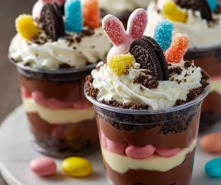 Colorful Easter Dirt Cups topped with candy and decorations for a festive dessert.