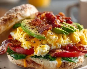 Easy avocado and bacon breakfast sandwich with fresh ingredients