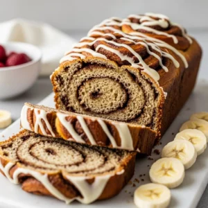 Slice of easy cinnamon roll banana bread on a plate with cinnamon and bananas