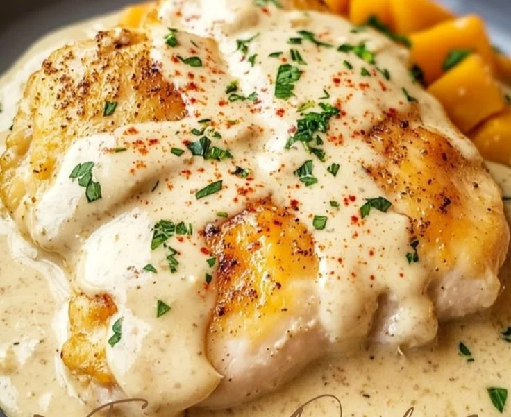 Cream cheese chicken dish topped with herbs and served on a plate