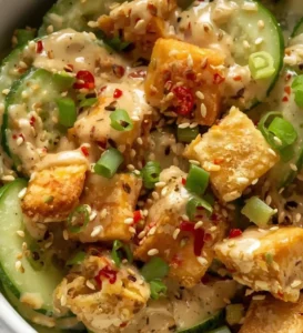 Creamy Asian cucumber salad featuring crispy tofu in a vibrant bowl