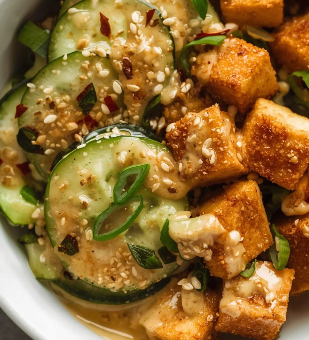 Easy Creamy Asian Cucumber Salad with Crispy Tofu