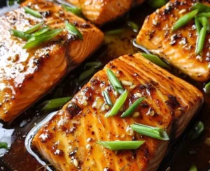 Plate of easy crispy honey garlic glazed salmon with vegetables