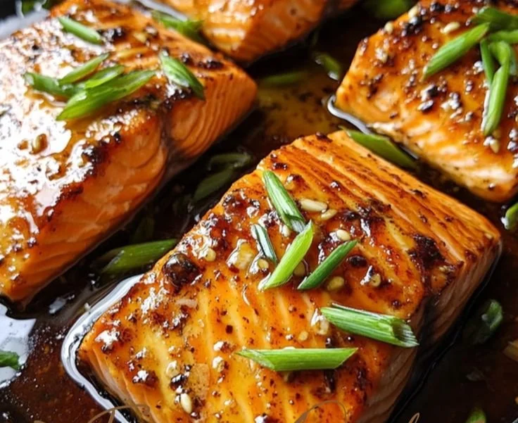 Plate of easy crispy honey garlic glazed salmon with vegetables
