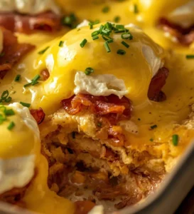 Delicious Eggs Benedict Casserole served on a plate with hollandaise sauce and garnishes.