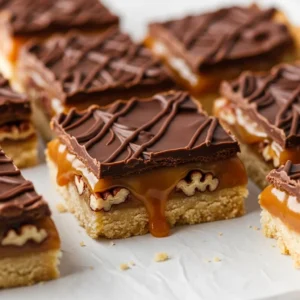 Deliciously easy turtle bars with caramel, chocolate, and nuts.