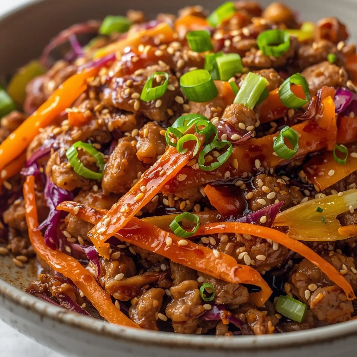 Deconstructed egg roll in a bowl with fresh vegetables and savory fillings