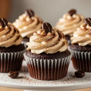 Espresso brownie cupcakes with coffee buttercream frosting on a rustic table