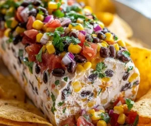 Fiesta Cowboy Caviar Cheese Log garnished with fresh ingredients