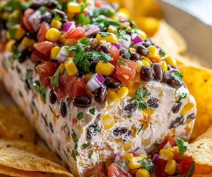 Fiesta Cowboy Caviar Cheese Log garnished with fresh ingredients