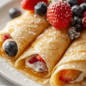 Fluffy egg white crepes topped with fresh fruits and syrup