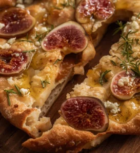 Focaccia bread topped with figs and blue cheese on a wooden table
