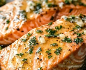 Garlic butter baked salmon fillets garnished with herbs and lemon