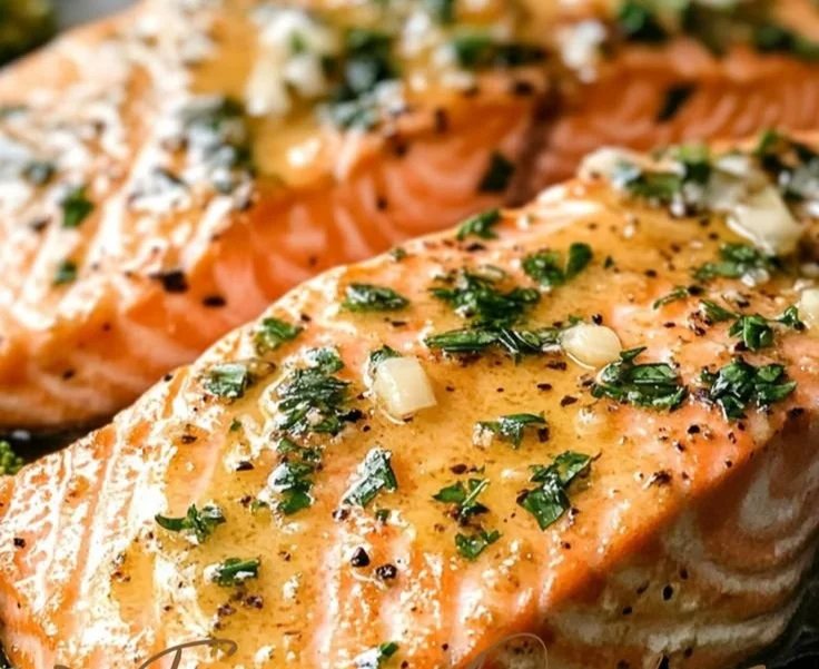 Garlic butter baked salmon fillets garnished with herbs and lemon