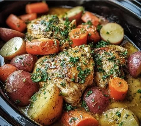 Delicious Garlic Butter Chicken served from a crockpot.