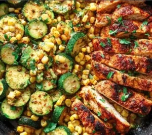 Garlic Butter Chicken served with Zucchini and Corn on a plate