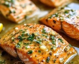 Delicious Garlic Butter Salmon fillet served with lemon and herbs